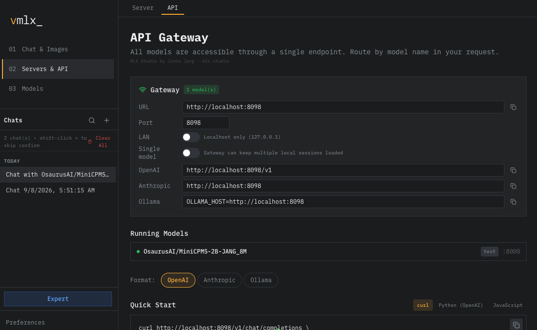 Servers & API — one gateway in front of every loaded model, speaking OpenAI, Anthropic and Ollama.