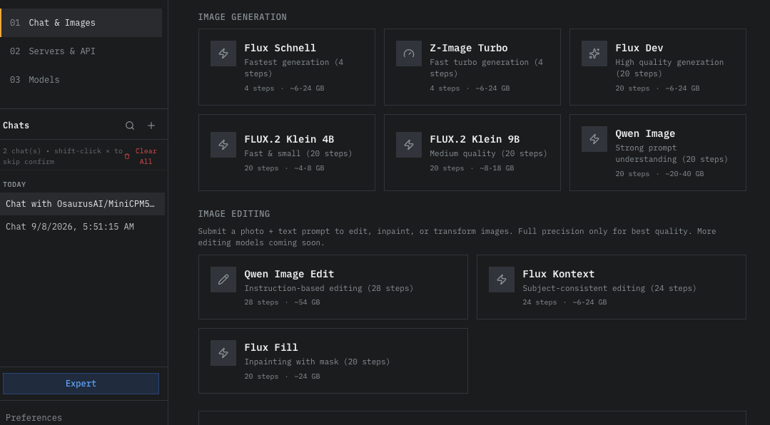 Chat & Images — the generation and editing model pickers, each with its step count and memory footprint.