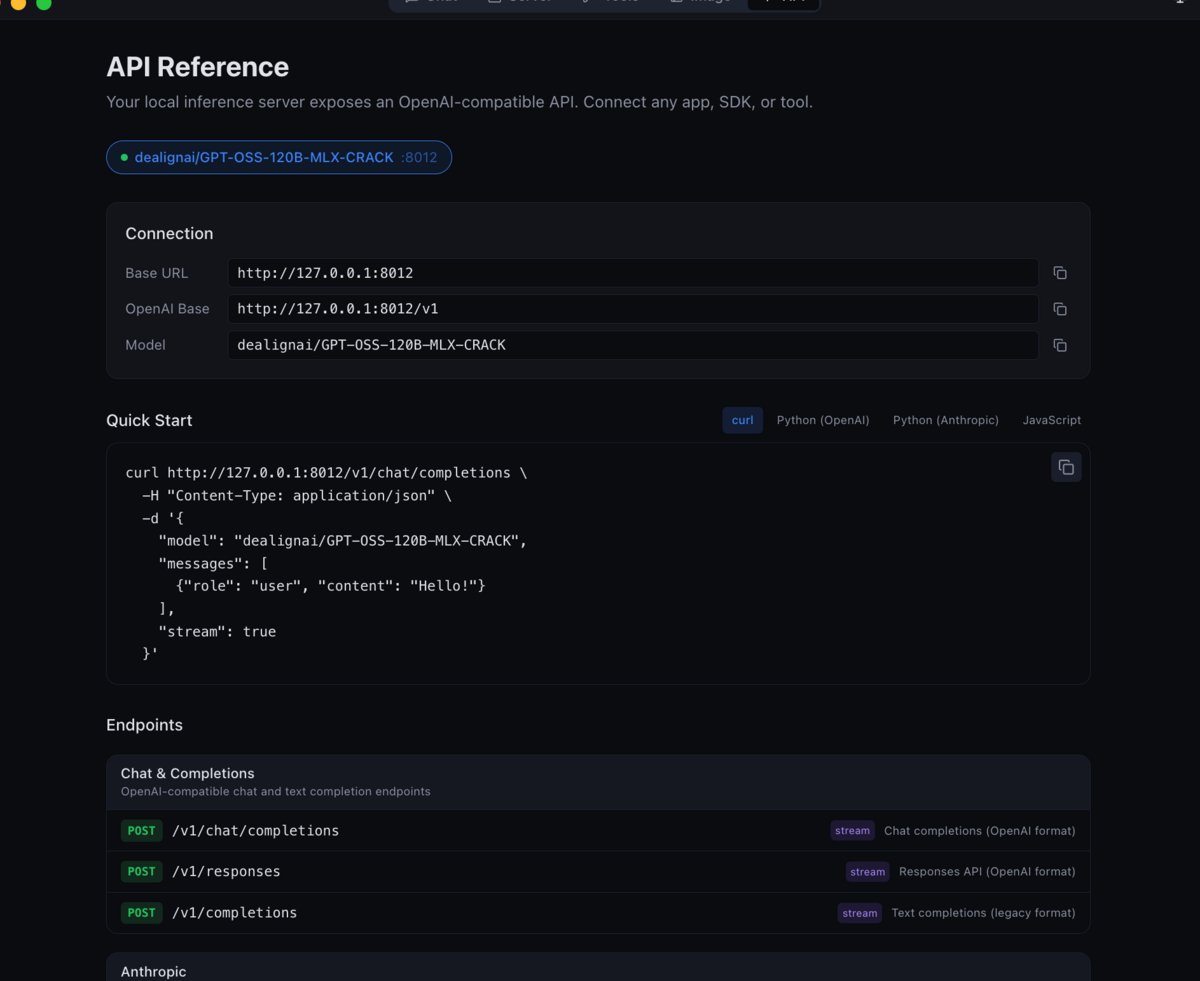 MLX Studio API reference page showing Anthropic Messages API and OpenAI-compatible endpoints