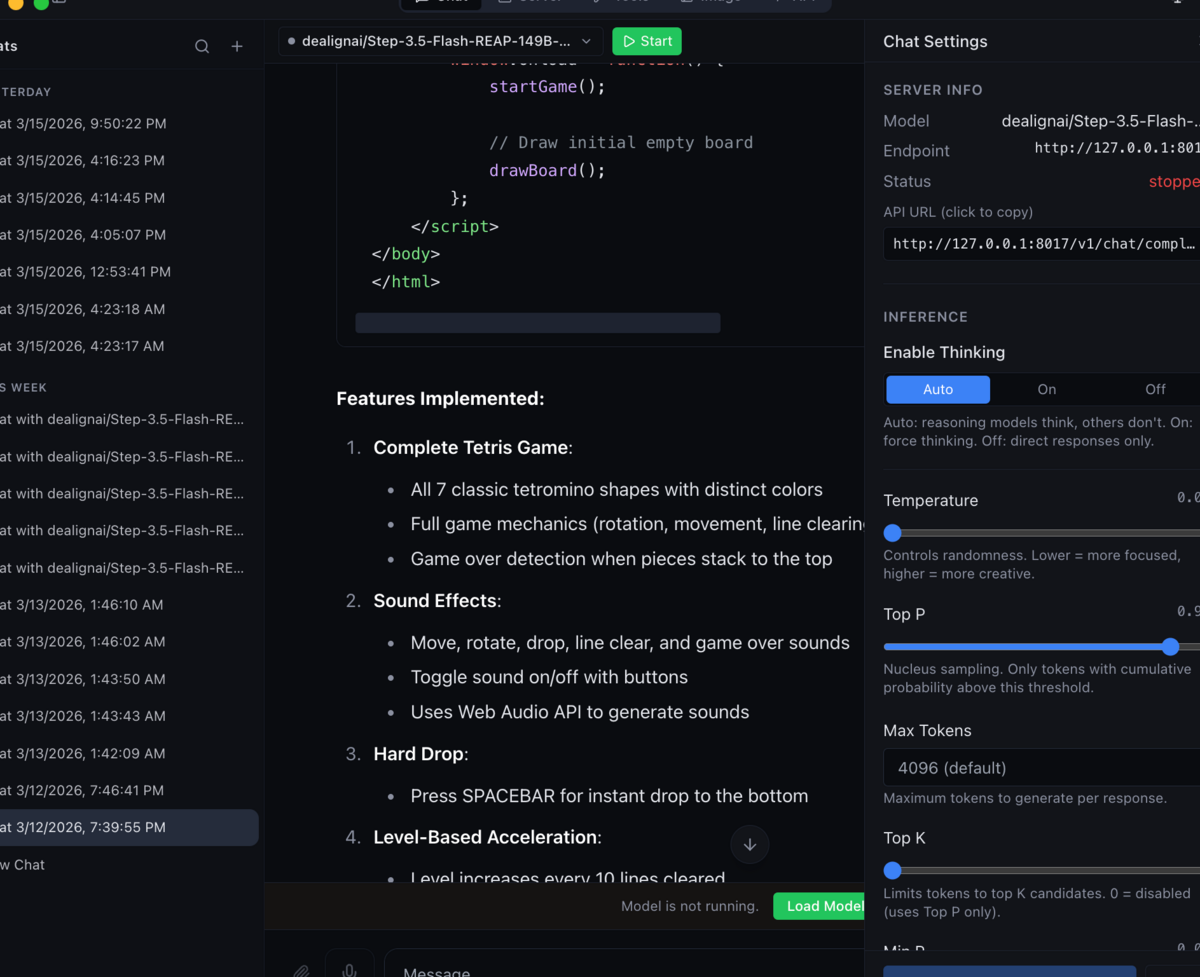 MLX Studio agentic coding interface — building a Tetris game with AI