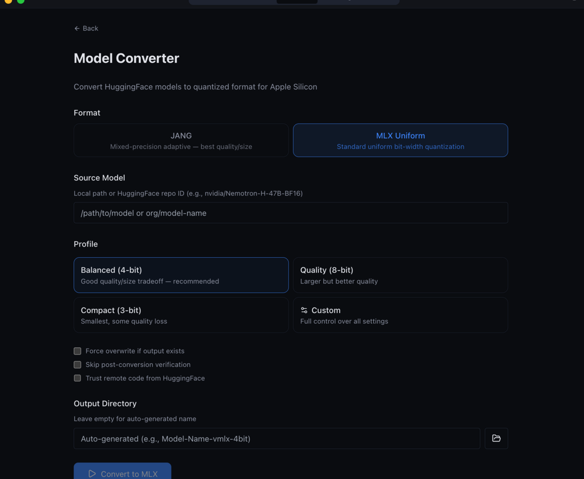 MLX Studio GGUF-to-MLX model converter with standard and JANG quantization profiles