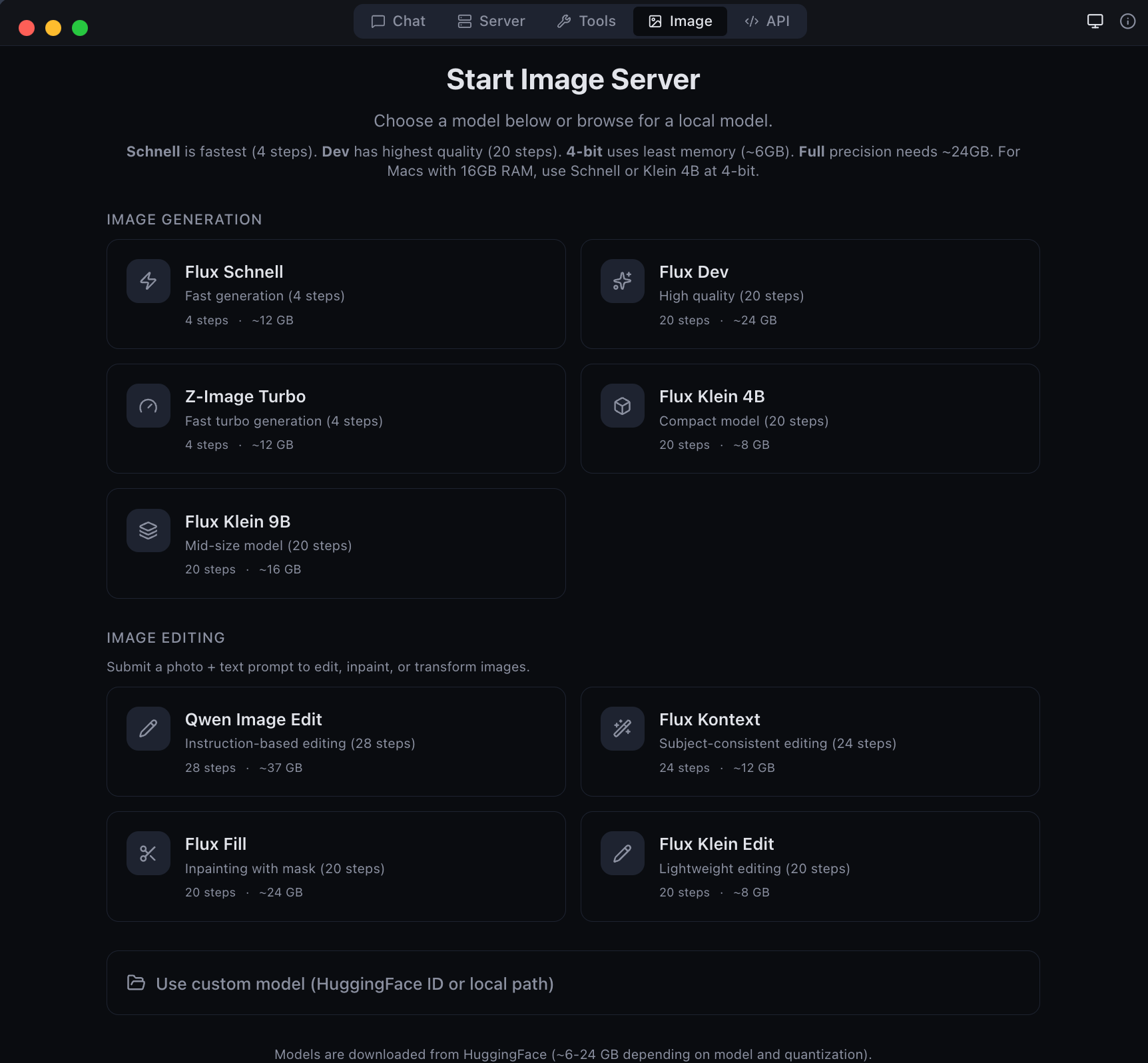 MLX Studio 이미지 생성 및 편집 인터페이스 - Flux Schnell, Dev, Z-Image Turbo, Klein, Qwen Image Edit, Flux Kontext, Flux Fill