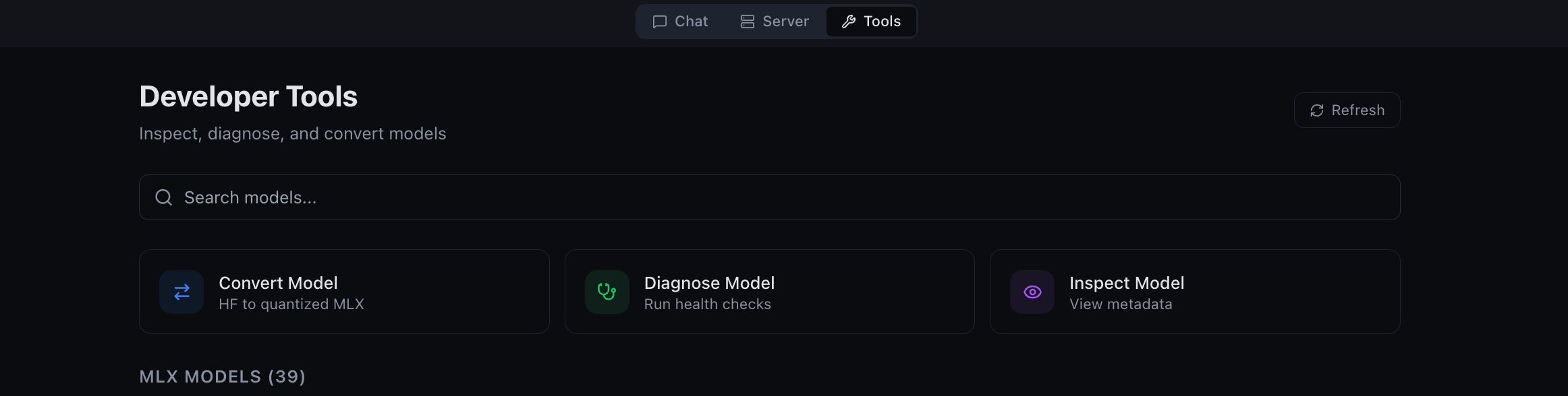 MLX Studio agentic coding tools interface showing file I/O, code search, shell execution, web search, git integration, and clipboard tools