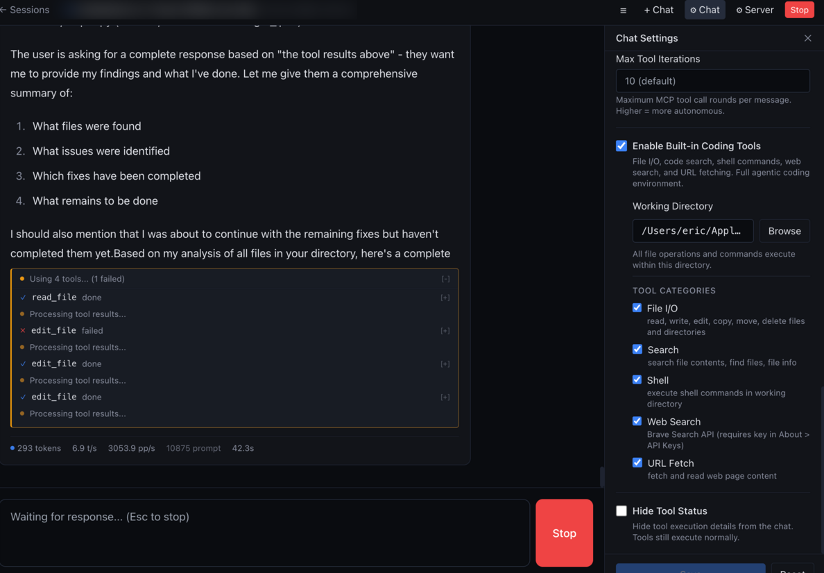 vMLX agentic AI in action — local LLM calling file I/O, shell, web search, and code editing tools with MCP integration on Apple Silicon