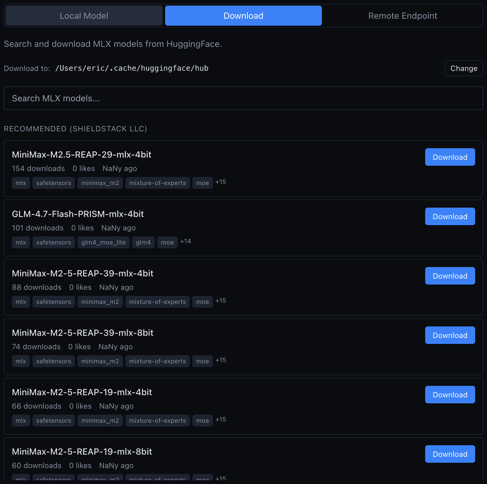 vMLX model download — browse and download MLX models directly from HuggingFace with recommended ShieldStack models