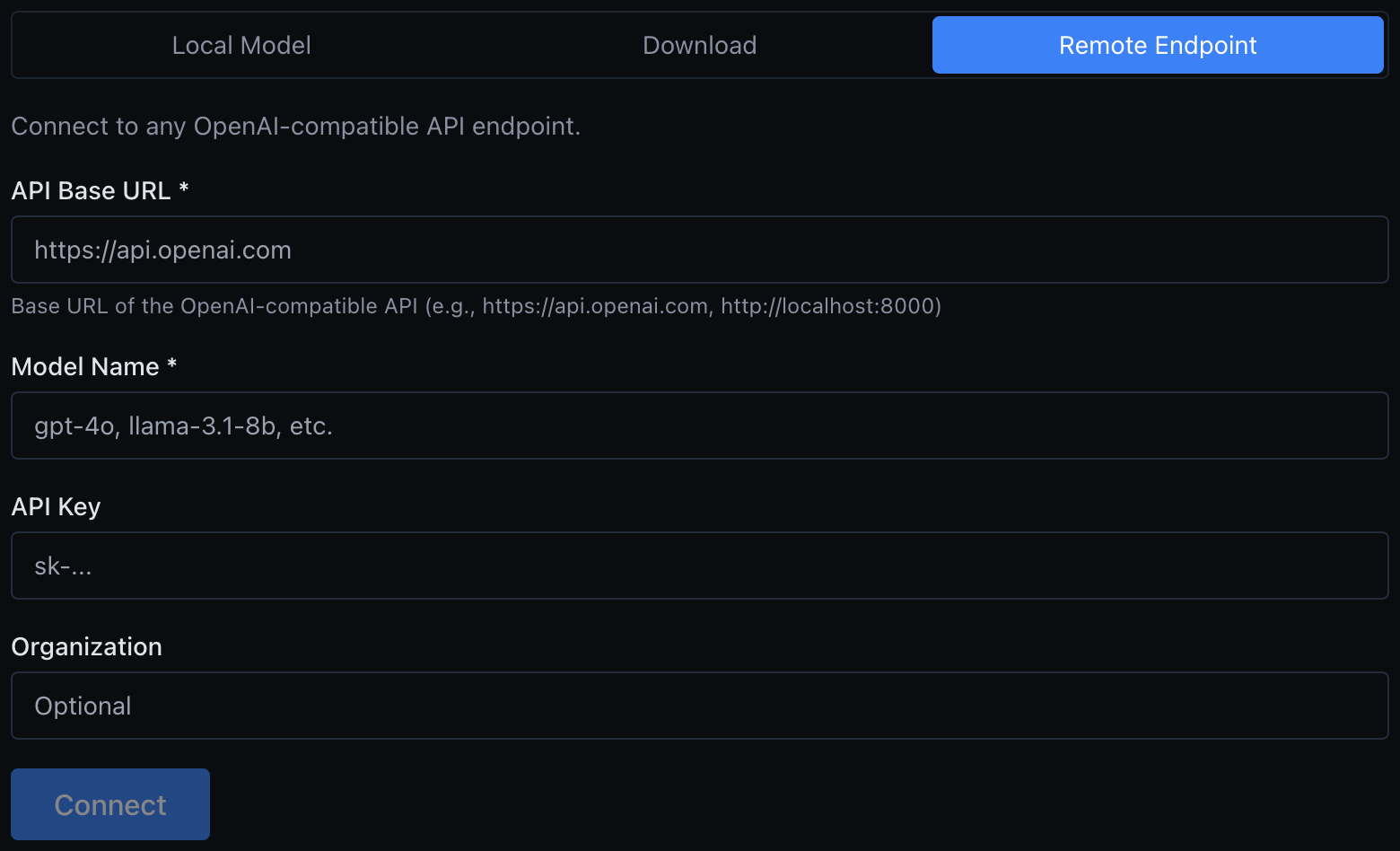 vMLX remote endpoint — connect to OpenAI, Anthropic, or any OpenAI-compatible API with API key authentication